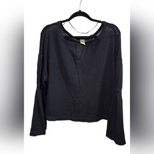 We The Free Women Black Waffle Knit Sweatshirt Whimsical Grunge Size Small